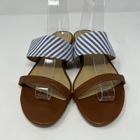 Talbots Keri Seersucker Sandals Blue Stripes with Brown Slip-on Size 9 - Picture 3 of 7